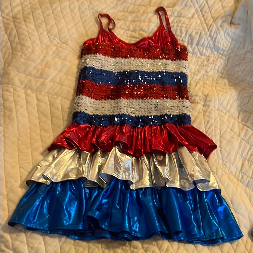 Kids Red and White Dance Costume with Ruffles and Sequins.